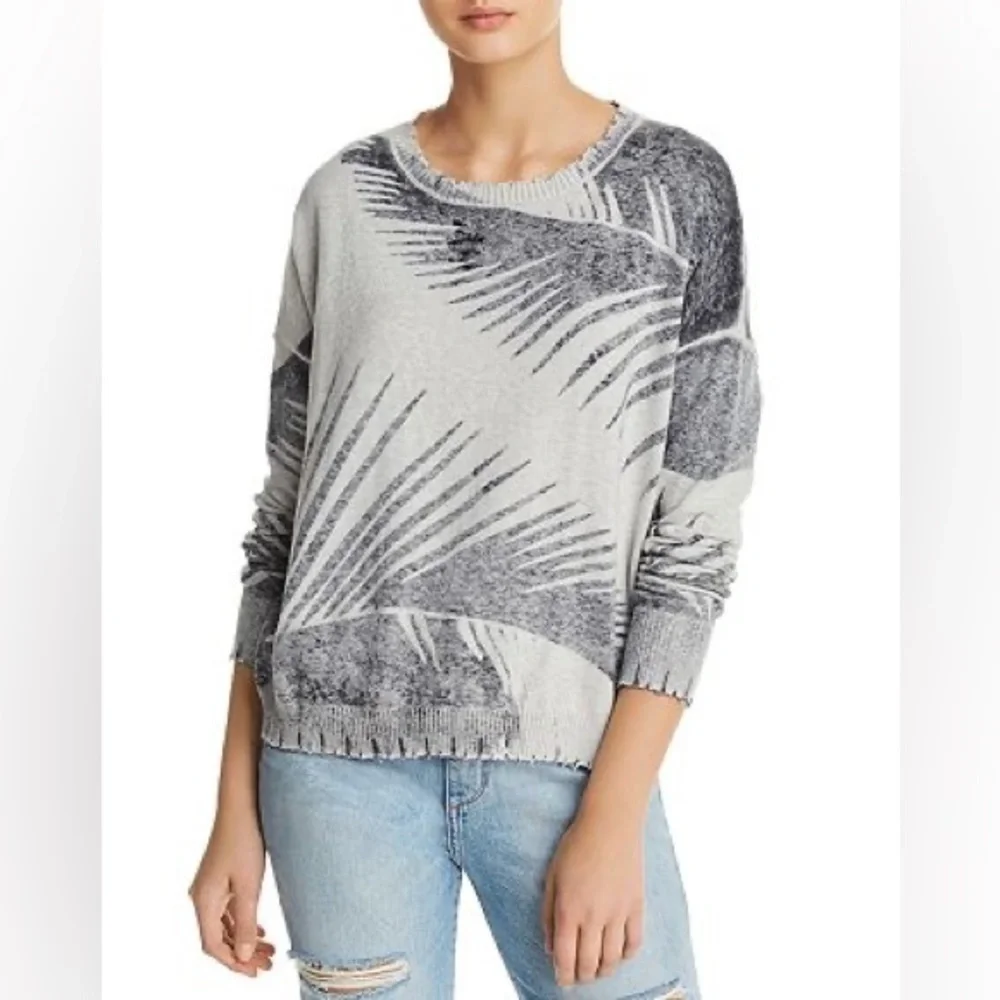 Minnie Rose Cotton Sweater Small Palm Print Distressed
